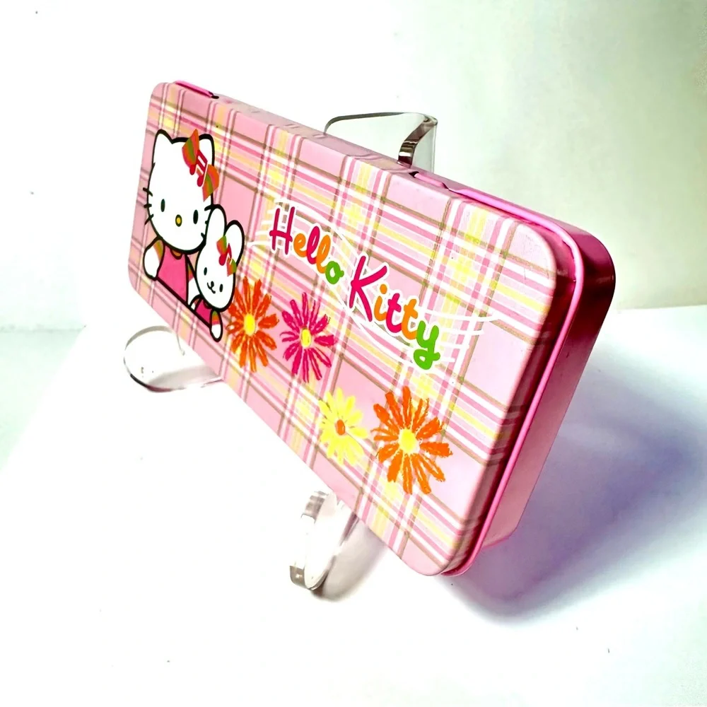 Vintage Sanrio Metal Pencil Box Plaid Daisy Pink Yellow Music Hello Kitty 2002